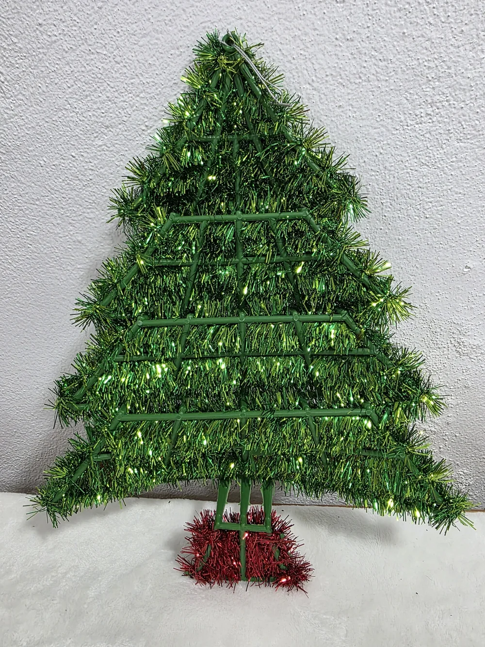 Green Tinsel Wall Hanging Christmas Small Tree with Red Accents 13.5